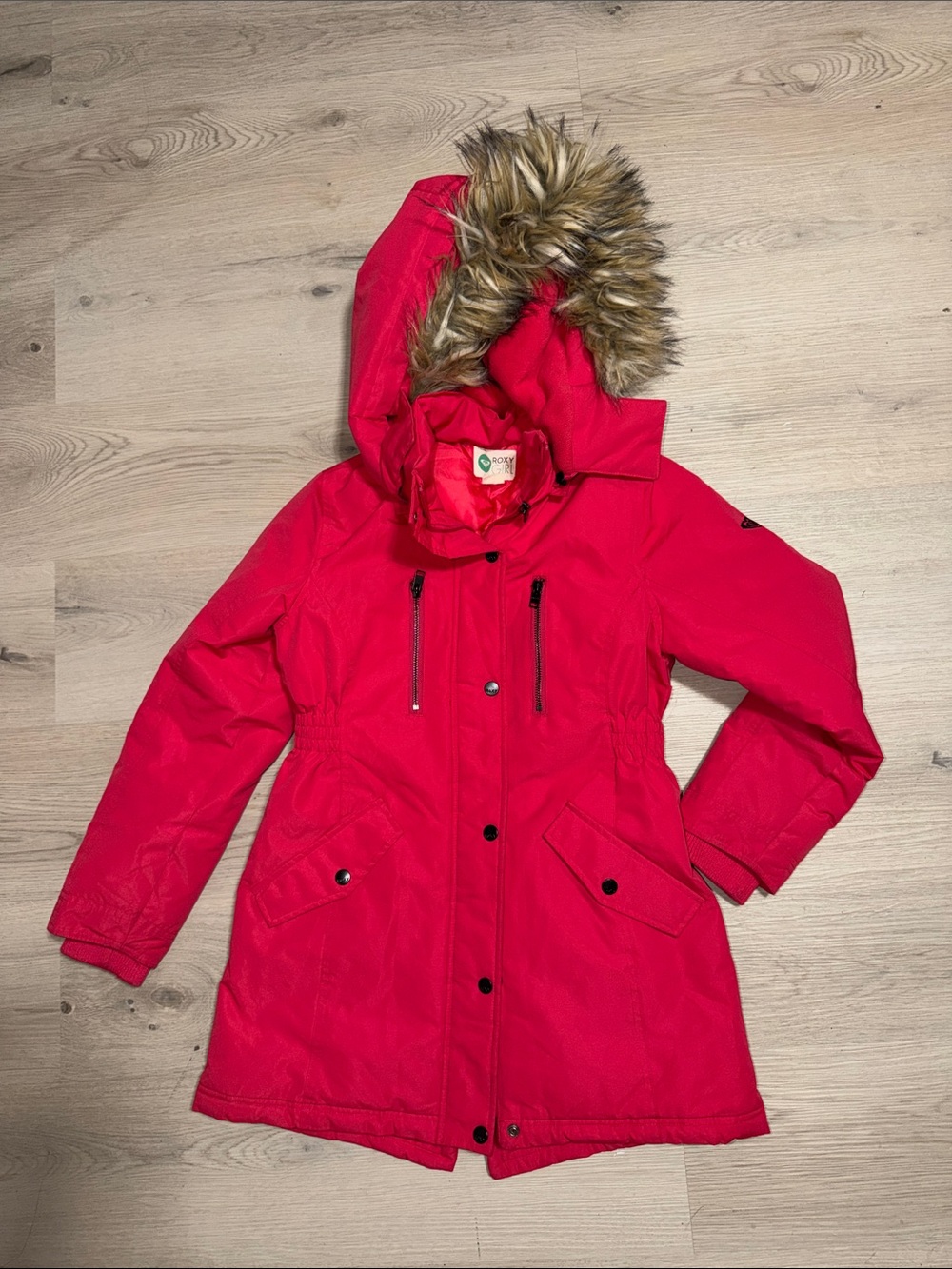 Roxy girls Bright Red Hooded Parka with Faux Fur Trim snowboard Ski Sz 10-12